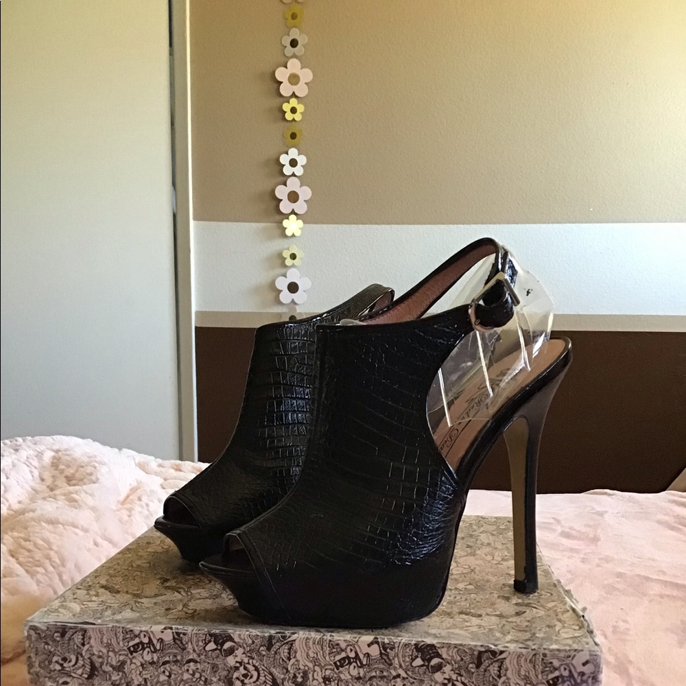 reptile print peep toe stilettos